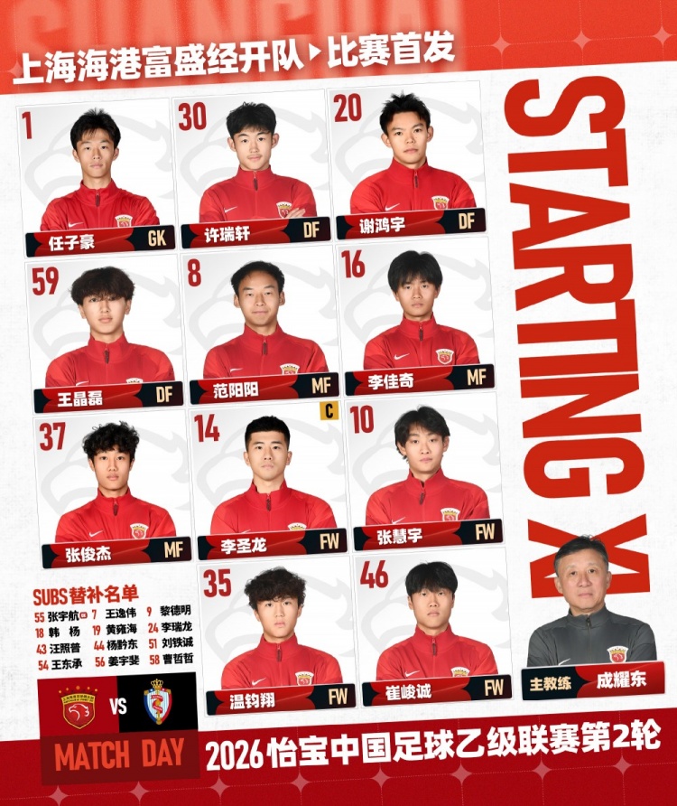华体会官方-2026中乙联赛第2轮：上海海港B队vs海门珂缔缘，今日首发名单